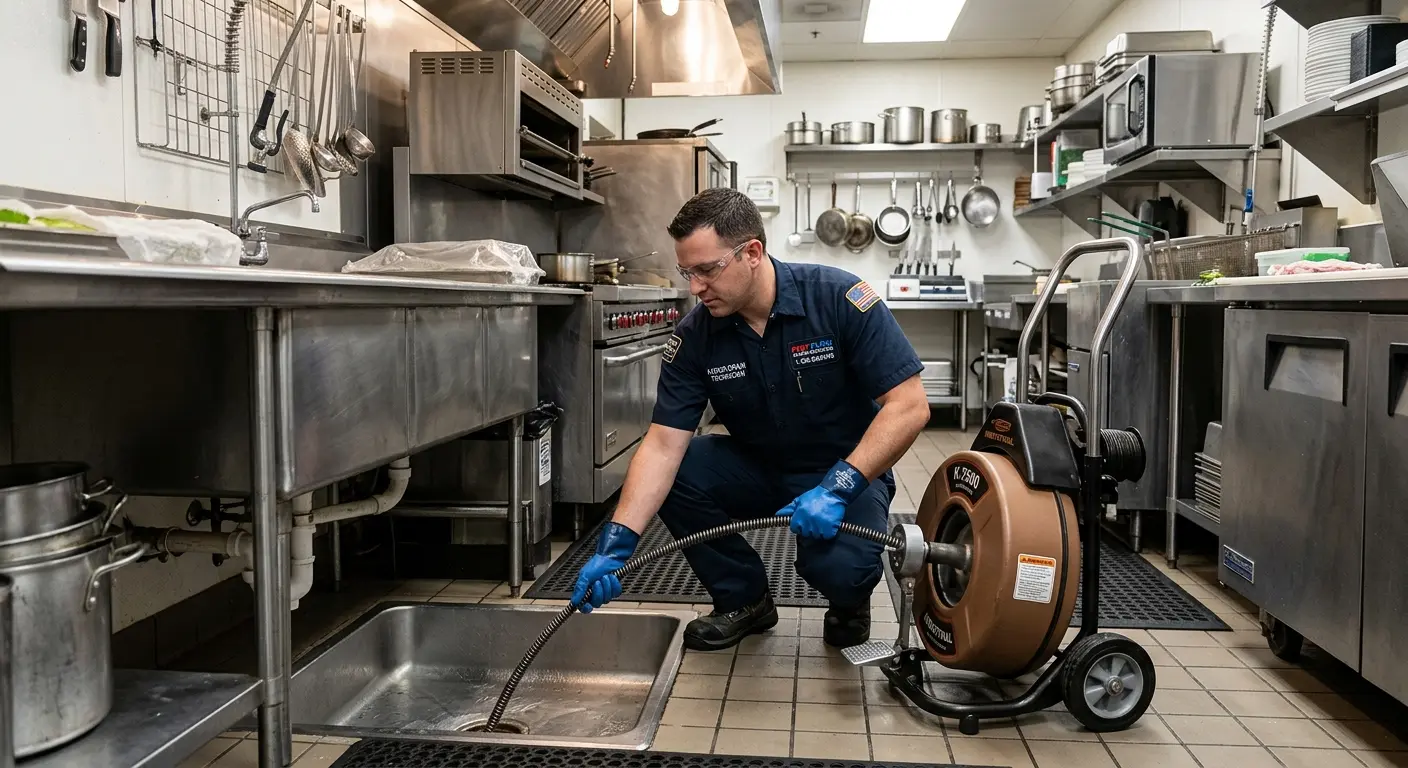 Commercial drain cleaning service in a restaurant kitchen in Douglas