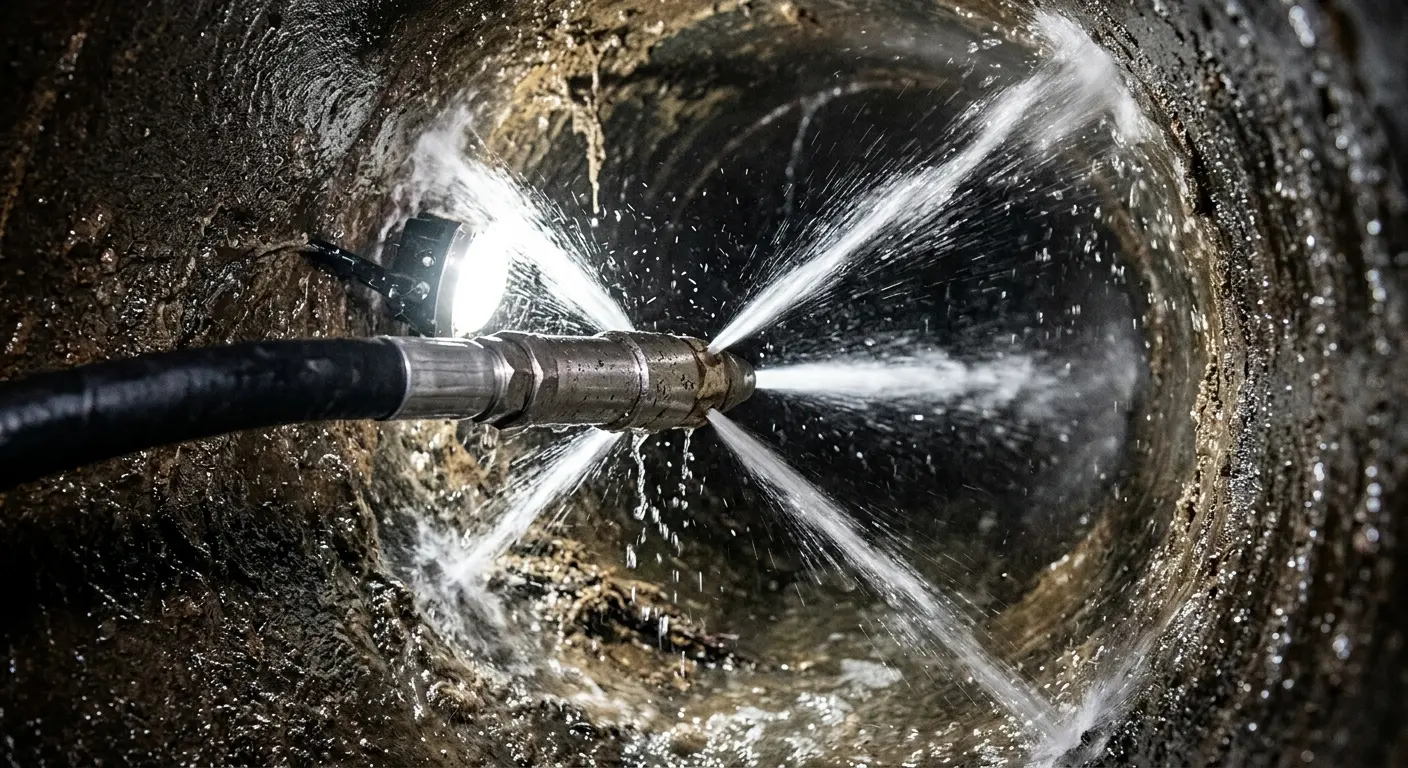 High-pressure hydro jetting nozzle cleaning sewer pipe for Sewer Cleanout in Douglas