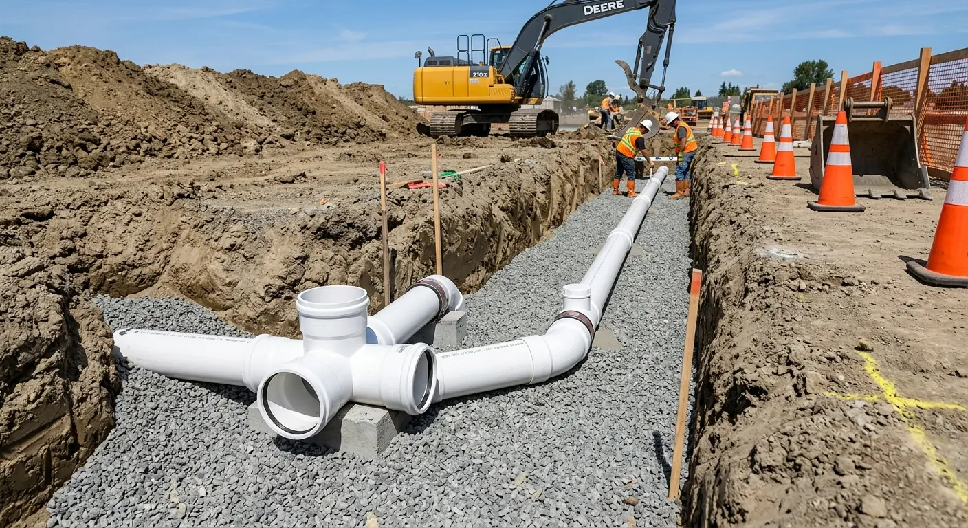 New PVC sewer pipe installation in open trench for Sewer Backup in Douglas
