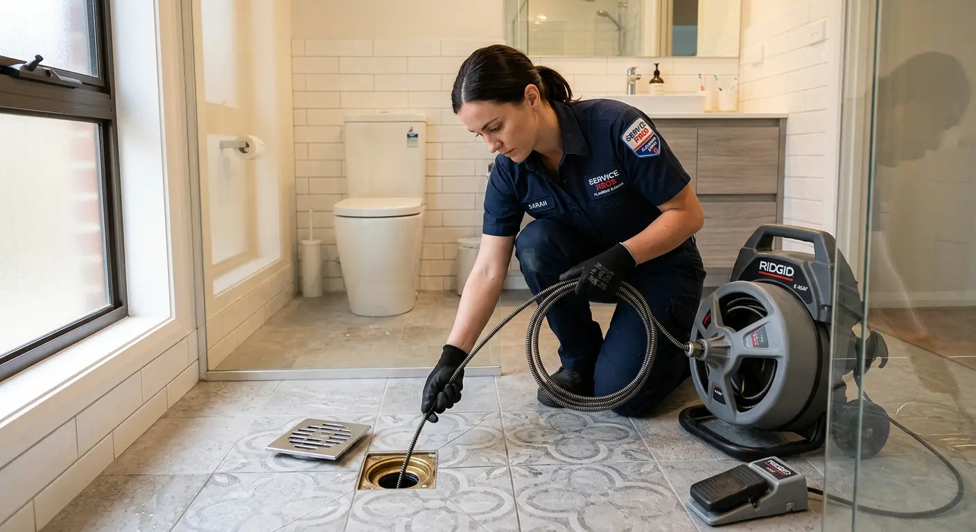 Technician clearing a bathroom floor drain for Drain Cleaning in Douglas